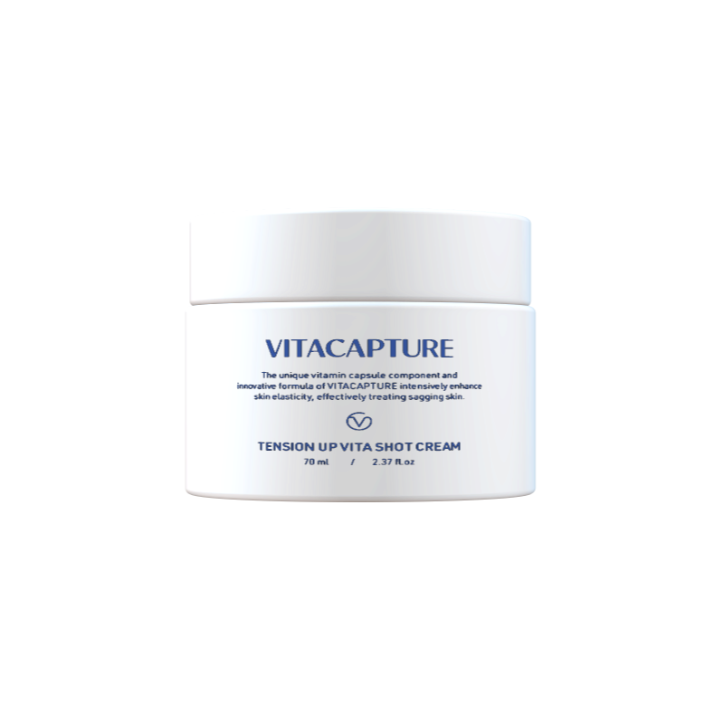 ar of Tension Up Vita Shot Cream showcasing a luxurious texture, with accompanying text explaining its micro-capsule technology delivering vitamins and active ingredients deep into the skin for instant moisture and nourishment.