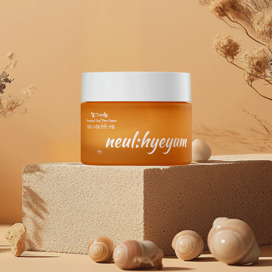 K-beauty NEUL:HYEYUM Fermented Snail Firm Cream in minimalist packaging on a skincare shelf – ideal for tightening and moisturizing skin. Beautifulsmile cosmetics UK