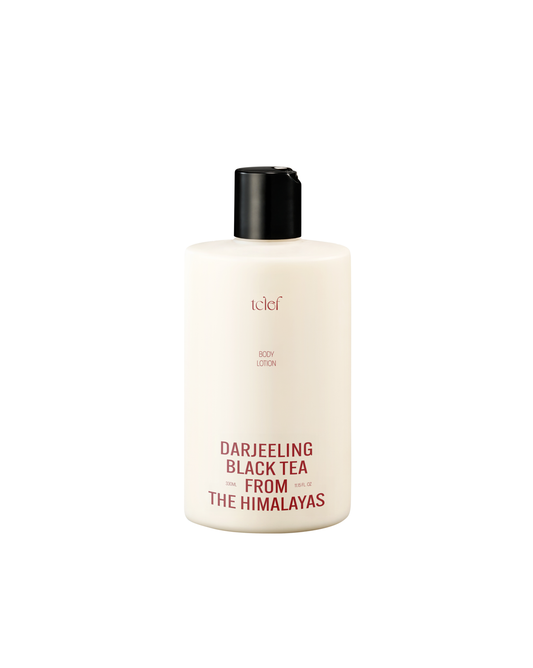 TCLEF Black Tea Body Lotion bottle enriched with Himalayan Darjeeling black tea extract for silky, hydrated skin.
