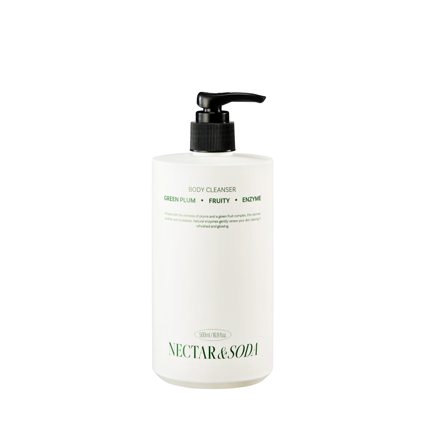 Front view of the Green Plum Fruit Enzyme Body Cleanser bottle, showing the product name and green/plum-colored label design.