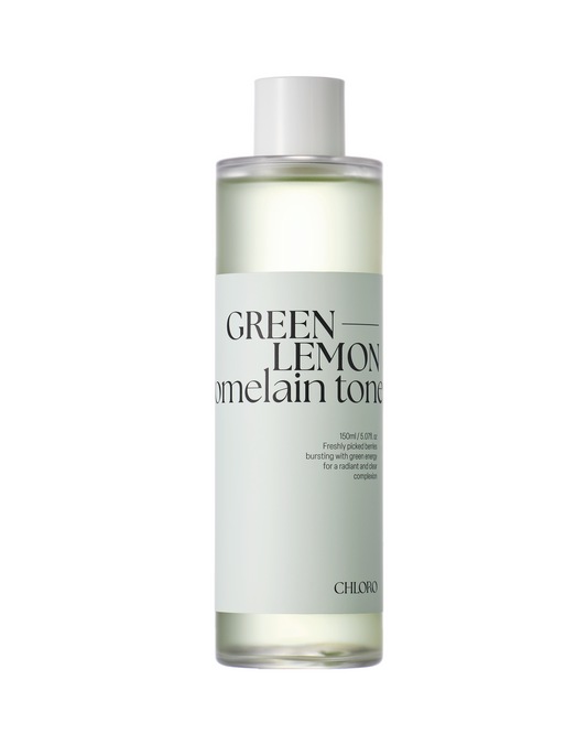 Chloro Green Lemon Bromelain Toner – Korean skincare toner with lemon extract and bromelain in a clear green bottle. Beautifulsmile cosmetics UK