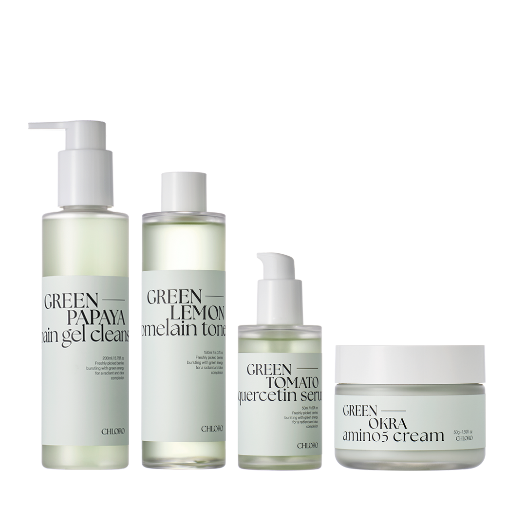 Korean Chloro Skincare Set with Papaya Papain Gel Cleanser, Lemon Bromelain Toner, Tomato Quercetin Serum, and Okra Amino 5 Cream, arranged neatly on a white background.