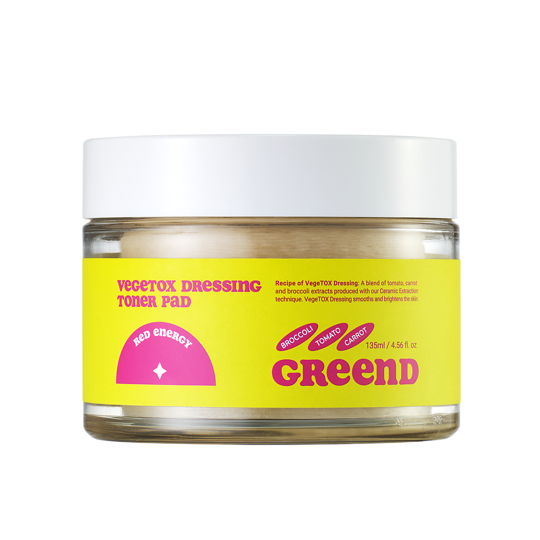 GReenD Vegitox Dressing Toner Pad – Korean skincare exfoliating and hydrating toner pads in a green tub. Beautifulsmile cosmetics UK