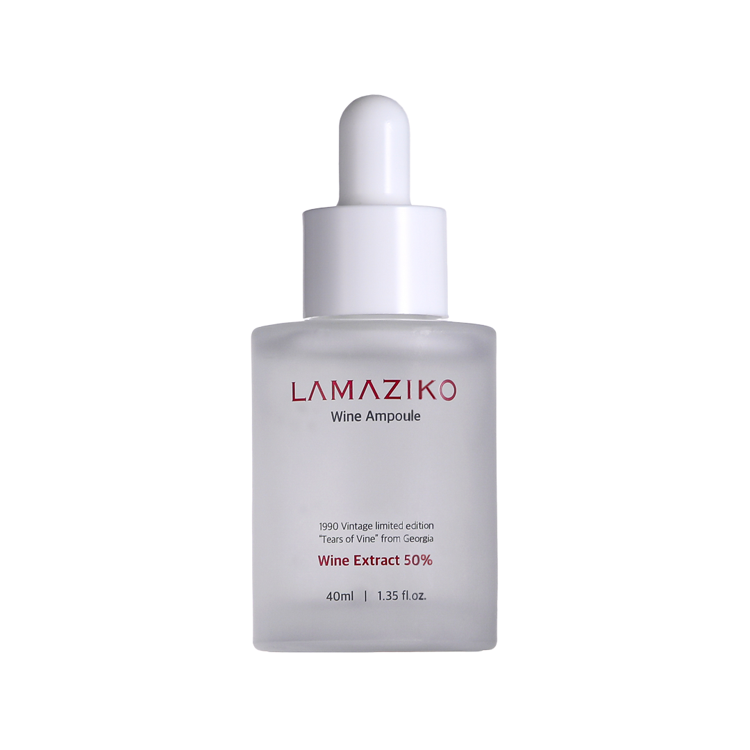 Lamaziko Wine Ampoule bottle with deep red liquid, Korean skincare serum. Beautifulsmile cosmetics UK