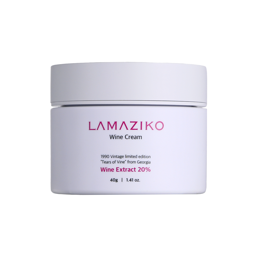 Korean skincare Lamaziko Wine Cream with antioxidant-packed grape ingredients on white background. Beautifulsmile cosmetics UK