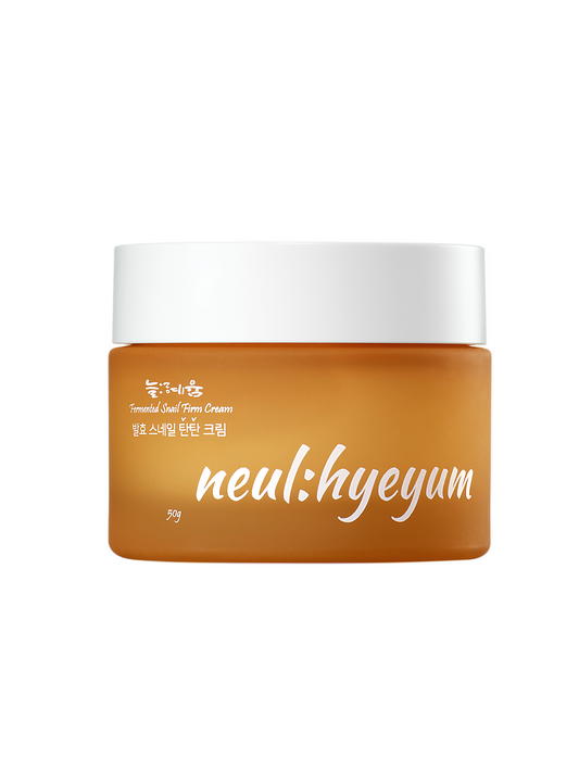 K-beauty NEUL:HYEYUM Fermented Snail Firm Cream in minimalist packaging on a skincare shelf – ideal for tightening and moisturizing skin. Beautifulsmile cosmetics UK