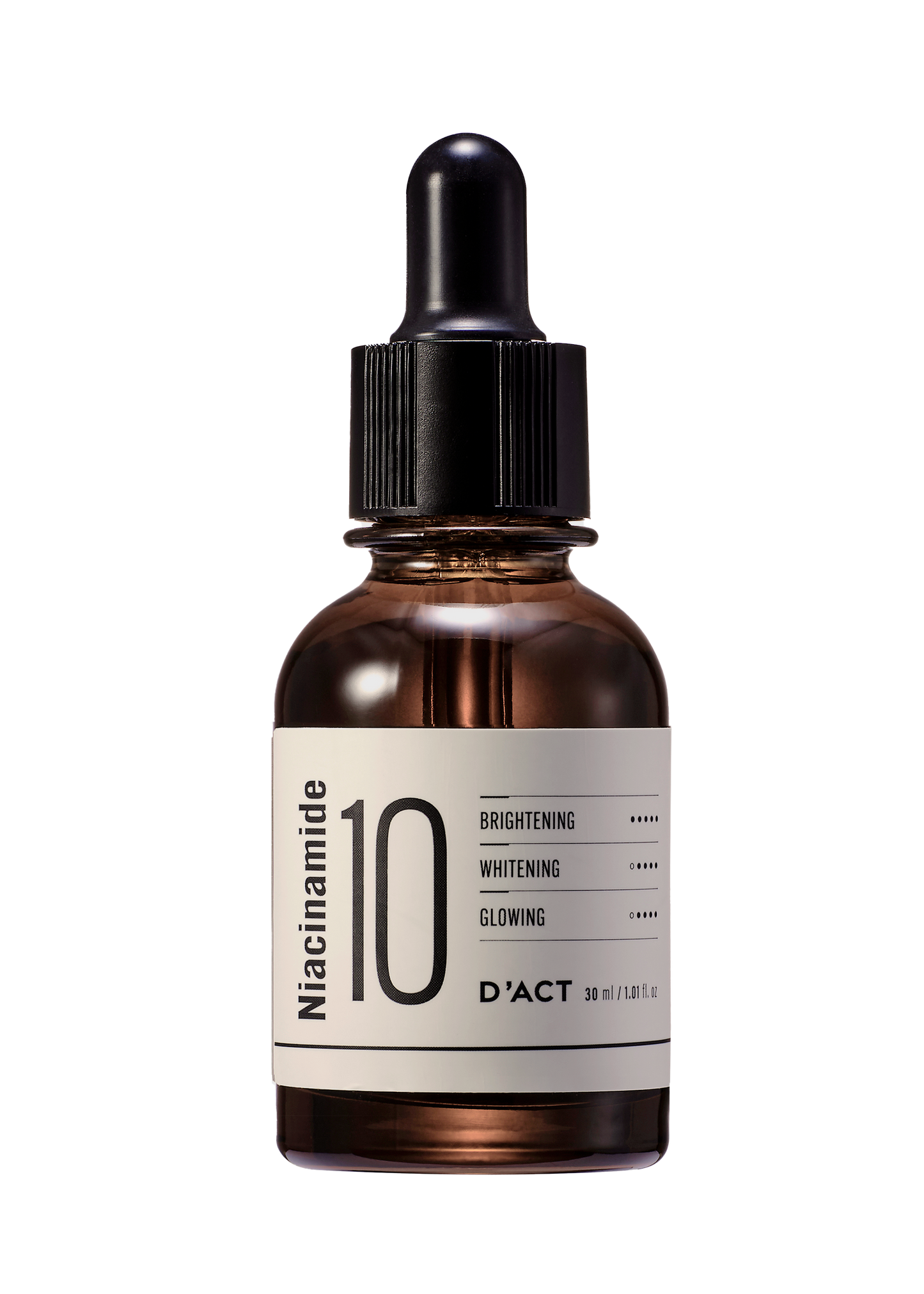 D'ACT Niacinamide 10 Serum – Korean skincare brightening serum with 10% niacinamide in a minimal dropper bottle. Beautifulsmile cosmetics UK