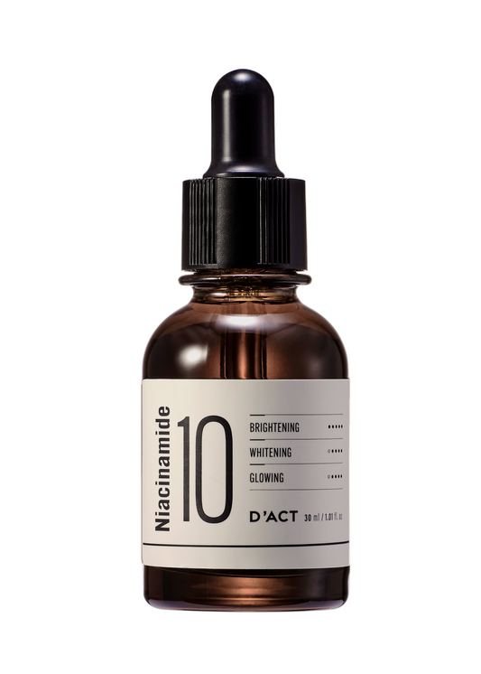 D'ACT Niacinamide 10 Serum – Korean skincare brightening serum with 10% niacinamide in a minimal dropper bottle. Beautifulsmile cosmetics UK