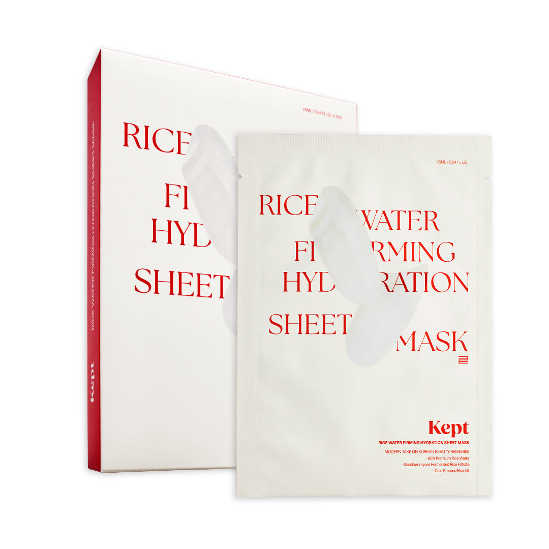 Front view of Kept Rice Water Sheet Mask – Korean face mask in minimal beige pouch for hydration and firming. Beautifulsmile cosmetics UK
