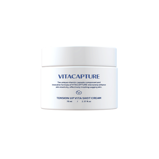ar of Tension Up Vita Shot Cream showcasing a luxurious texture, with accompanying text explaining its micro-capsule technology delivering vitamins and active ingredients deep into the skin for instant moisture and nourishment.