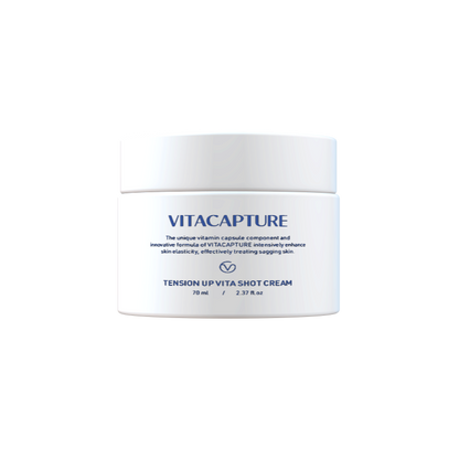 ar of Tension Up Vita Shot Cream showcasing a luxurious texture, with accompanying text explaining its micro-capsule technology delivering vitamins and active ingredients deep into the skin for instant moisture and nourishment.
