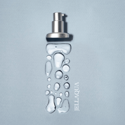 Jellaqua Skin & Lotion pump bottles on white background, lightweight and soothing skincare duo. Beautifulsmile cosmetics UK