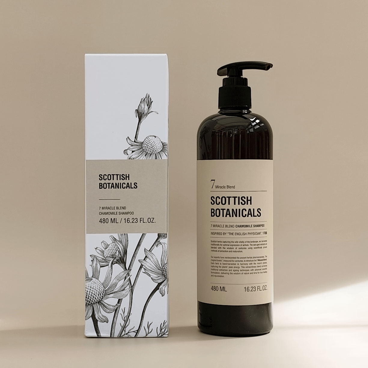 Chamomile Shampoo bottle highlighting Scottish Botanicals' commitment to natural beauty and gentle cleansing