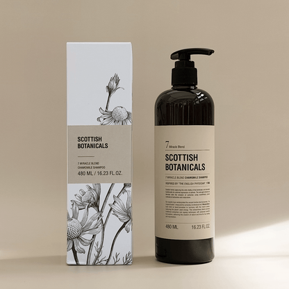 Chamomile Shampoo bottle highlighting Scottish Botanicals' commitment to natural beauty and gentle cleansing