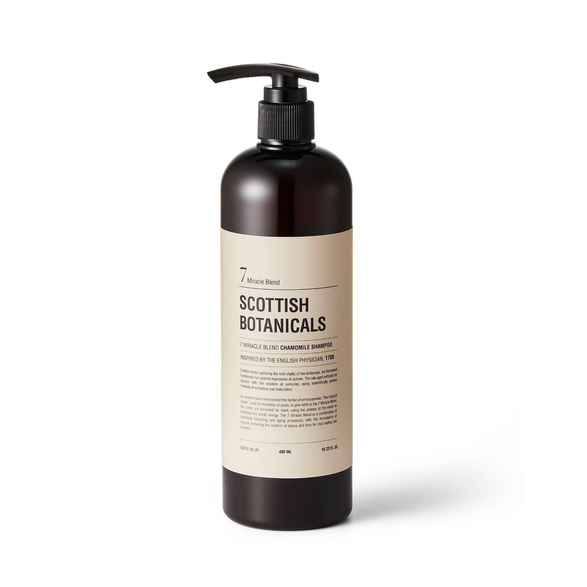 Scottish Botanicals Chamomile Shampoo bottle featuring the 7 Miracle Blend formula for gentle hair care