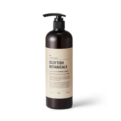 Scottish Botanicals Chamomile Shampoo bottle featuring the 7 Miracle Blend formula for gentle hair care