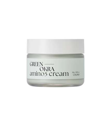 Chloro Green Okra Amino 5 Cream – Korean skincare moisturizer in a green jar, infused with okra extract and amino acids. Beautifulsmile cosmetics UK