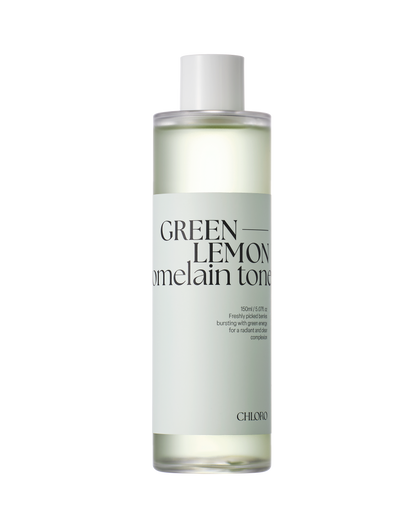 Chloro Green Lemon Bromelain Toner – Korean skincare toner with lemon extract and bromelain in a clear green bottle. Beautifulsmile cosmetics UK