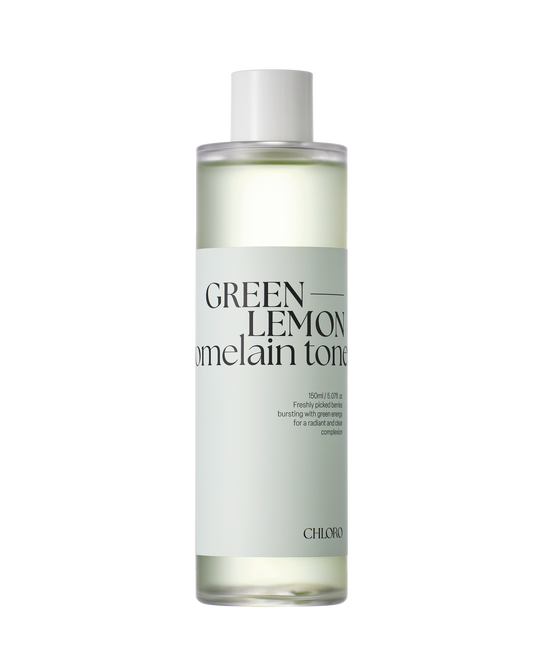 Chloro Green Lemon Bromelain Toner – Korean skincare toner with lemon extract and bromelain in a clear green bottle. Beautifulsmile cosmetics UK