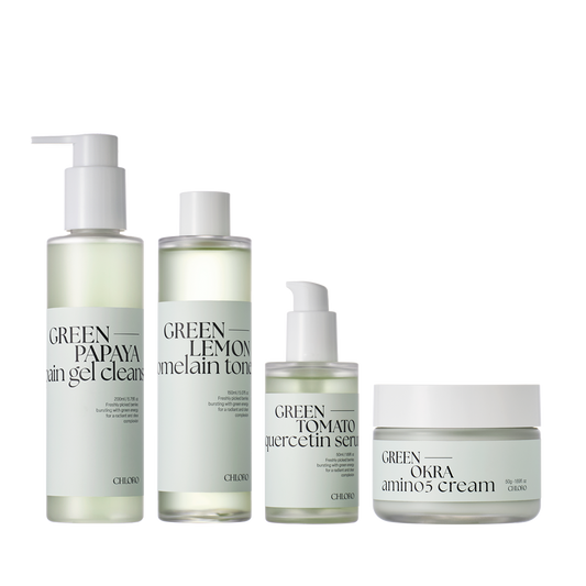 Korean Chloro Skincare Set with Papaya Papain Gel Cleanser, Lemon Bromelain Toner, Tomato Quercetin Serum, and Okra Amino 5 Cream, arranged neatly on a white background.
