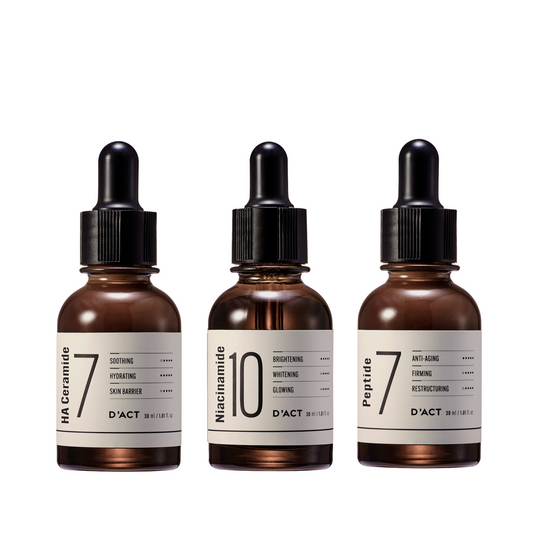 D’ACT three-step serum set designed to moisturize, even skin tone, and smooth fine lines for youthful, glowing skin.