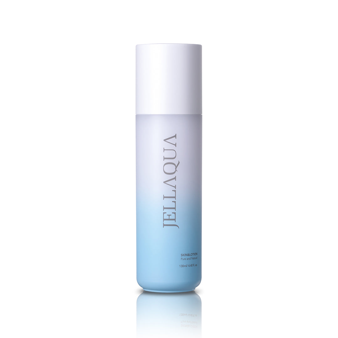 Jellaqua Skin & Lotion bottles with pump dispenser, infused with jellyfish extract for deep hydration. Beautifulsmile cosmetics UK