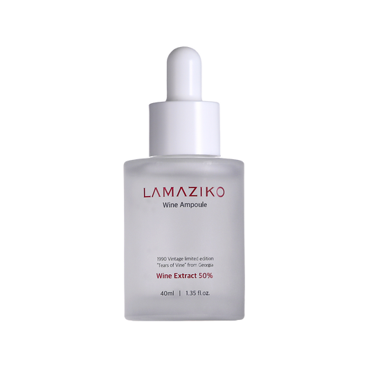 Lamaziko Wine Ampoule bottle with deep red liquid, Korean skincare serum. Beautifulsmile cosmetics UK