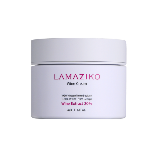 Korean skincare Lamaziko Wine Cream with antioxidant-packed grape ingredients on white background. Beautifulsmile cosmetics UK