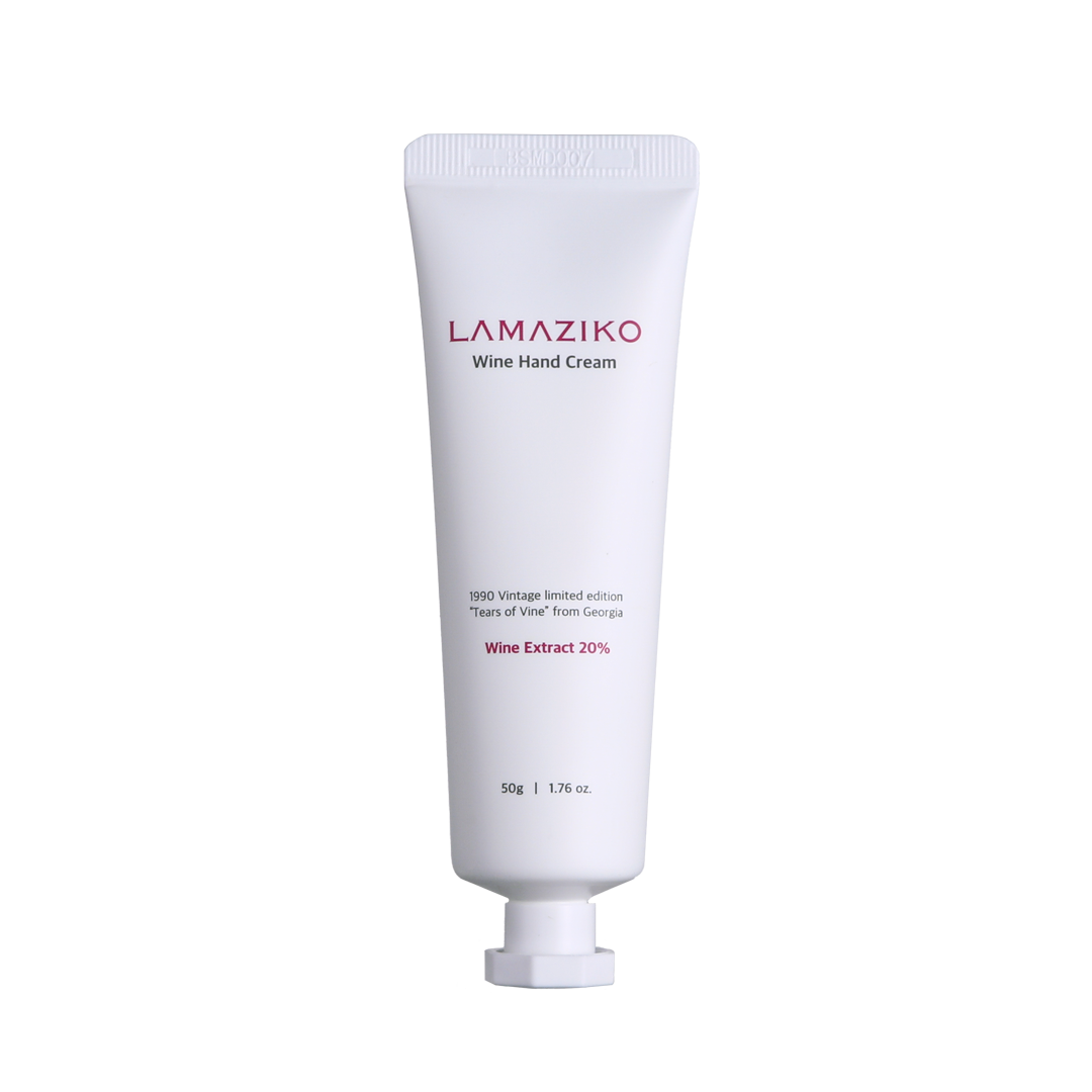 Squeezed Lamaziko Wine Hand Cream showing creamy texture for soft and hydrated hands. Beautifulsmile cosmetics UK