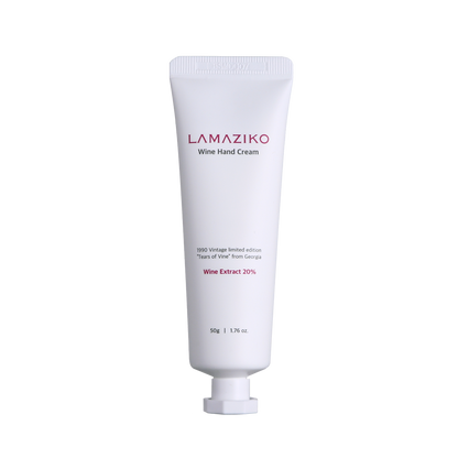 Squeezed Lamaziko Wine Hand Cream showing creamy texture for soft and hydrated hands. Beautifulsmile cosmetics UK