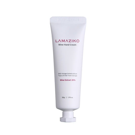 Squeezed Lamaziko Wine Hand Cream showing creamy texture for soft and hydrated hands. Beautifulsmile cosmetics UK