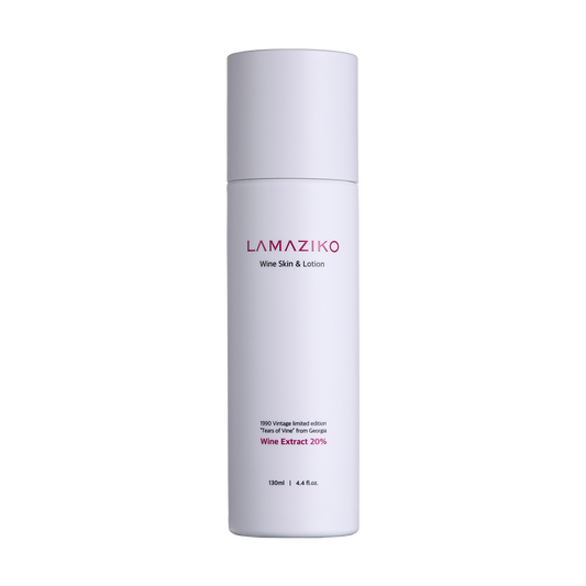 Lamaziko Wine Skin & Lotion bottles reflecting light, designed for deep skin nourishment. Beautifulsmile cosmetics UK