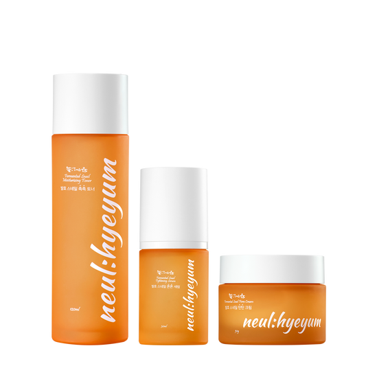 This Korean skincare set features a hydrating toner, a tightening serum, and a firming cream, all enriched with fermented snail extract. Neul Hyeyum skincare