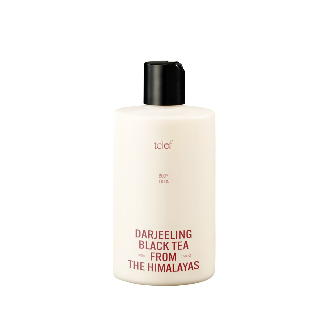 TCLEF Black Tea Body Lotion bottle enriched with Himalayan Darjeeling black tea extract for silky, hydrated skin.