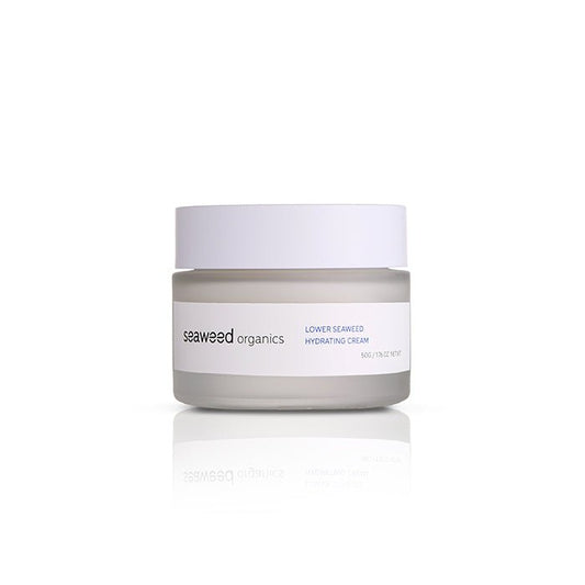 Lightweight Lower Seaweed Hydrating Cream jar surrounded by dewy sea moss