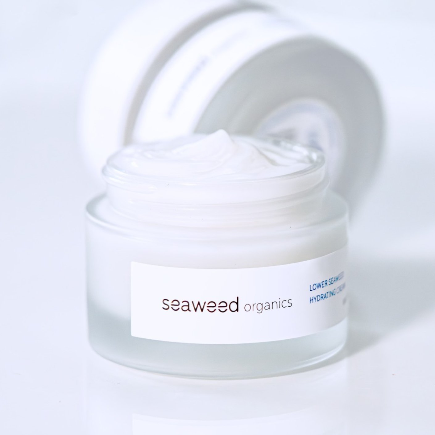 Hydrating seaweed cream in white jar resting on wet stones by the shore